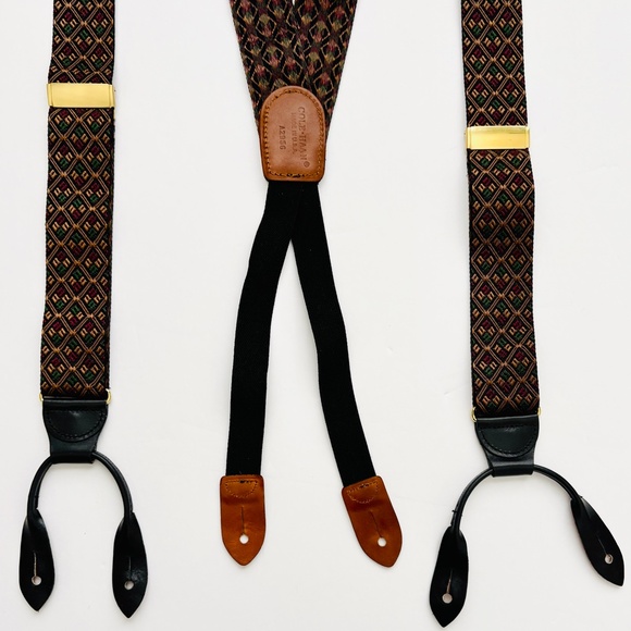 Cole Haan X-Back Suspenders Jacquard Leather Button Attachment Brass Adjusters - Picture 2 of 6